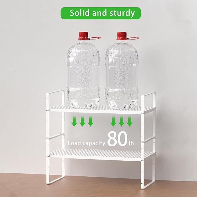 Expandable Cabinet Storage Shelf Stackable Organizer Rack for Kitchen Bathroom Pantry Spice Cupboard Coffee Countertop Home Office Desk Heavy Duty Nonslip White Large 1 Pack