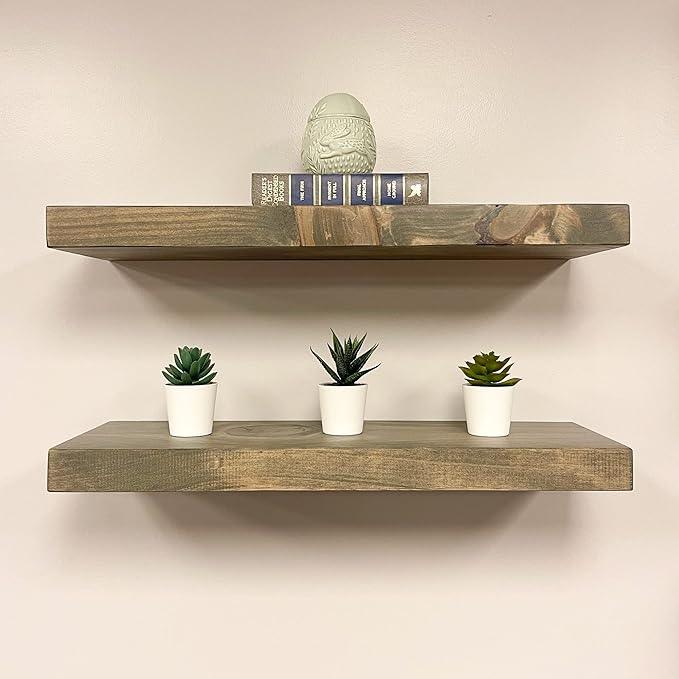 URBANDI, Rustic Floating Shelves, Set of 2, Hidden Bracket, Solid Wood, Heavy Duty, Wall Mounted Shelves, (Grey, 12Wx12D)