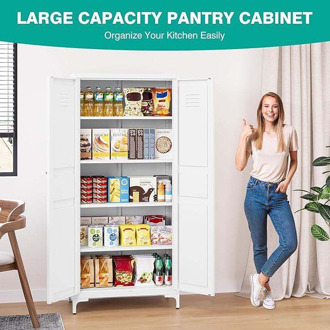 SISESOL Metal Storage Cabinet with Doors and Shelves,White Storage Cabinet with Leg & Vent Hole,Food Pantry Cabinets,5 Tier Metal Pantry,Tall Large Cupboard for Home,Kitchen,Dining/Living/Laundry Room