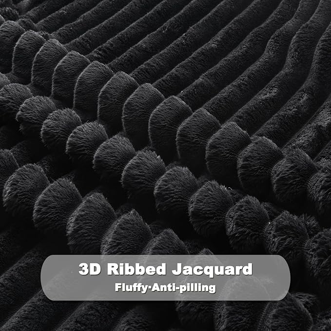 NEWCOSPLAY Super Soft Throw Blanket Black Premium Silky Flannel Fleece 3D Ribbed Jacquard Lightweight Bed Blanket All Season Use (Black Ribbed, Throw(50