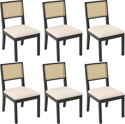 Westice Rattan Dining Chairs Set of 6, Farmhouse Natural Dining Room Chairs with Upholstered Cushion, Wood Armless Chairs for Kitchen/Restaurant, Black