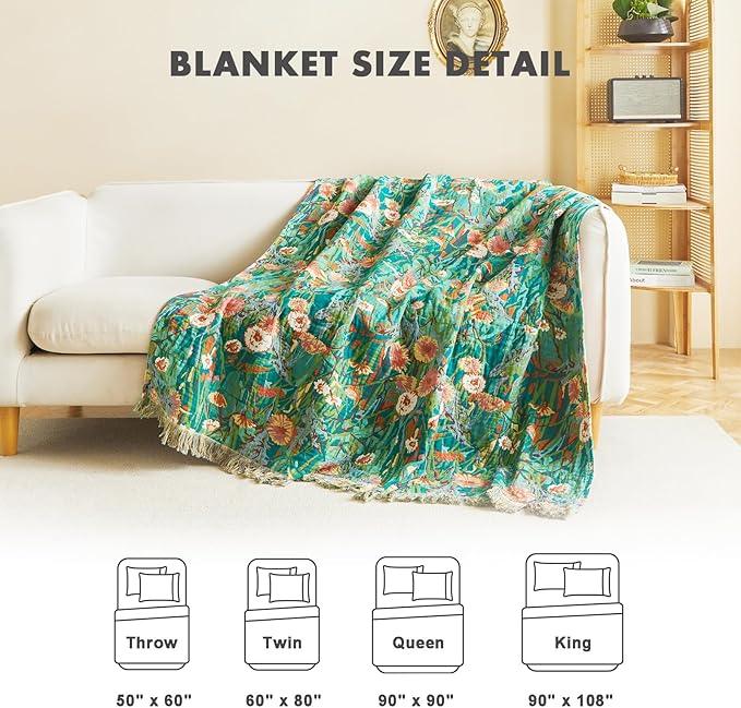 MSGKV Boho Throw Blanket for Bed Twin Size Cotton Muslin Breathable Floral Blanket 60