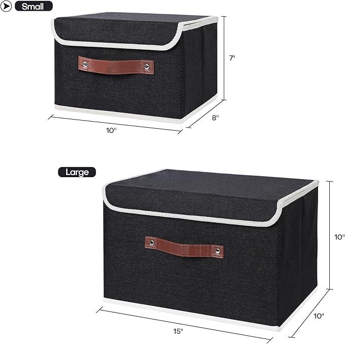 ANMINY 2PCS Storage Bins with Lid PU Leather Handles Storage Boxes PP Plastic Board Decorative Foldable Lidded Cotton Linen Fabric Home Cubes Baskets Closet Organizer Containers - Black, Large Size