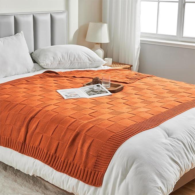 CozeCube Check Knit Throw Blanket, Rust Orange Checkered Throw for Couch, Decorative Christmas Soft Cozy Warm Knitted Blanket for Bed Sofa Living Room, 60