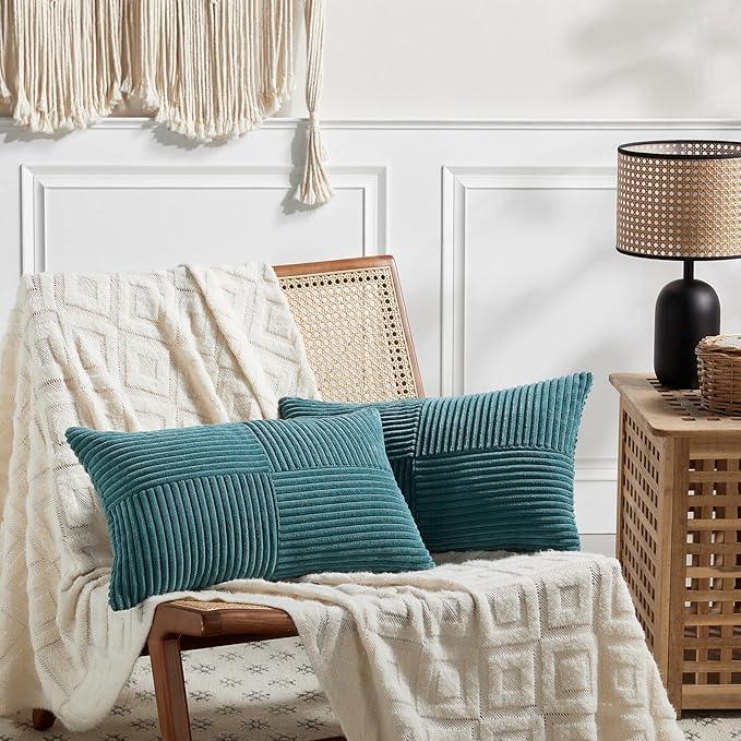 Fancy Homi 2 Packs Teal Lumbar Decorative Throw Pillow Covers 14x24 Inch for Living Room Couch Bed Sofa, Rustic Farmhouse Boho Home Decor, Soft Striped Corduroy Rectangle Accent Cushion Case 35x60 cm