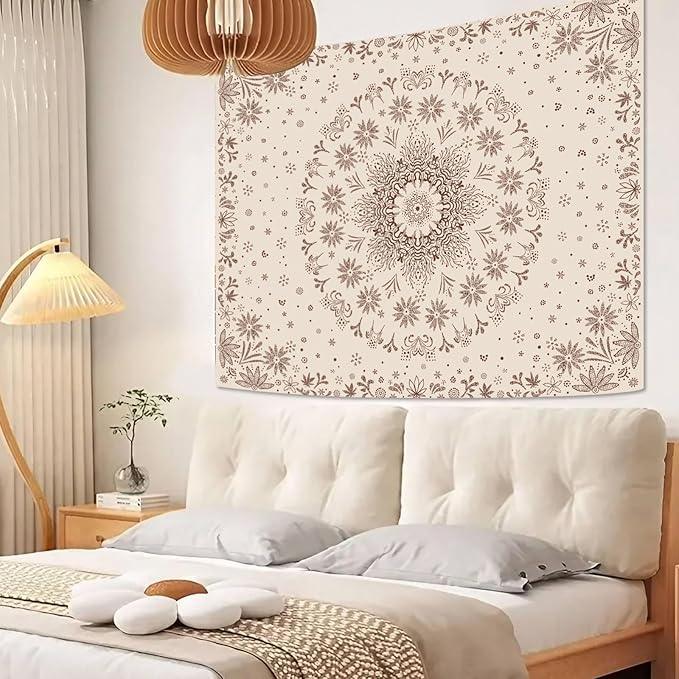 Fowocu Boho Floral Mandala Tapestry Wall Hanging Bohemian Flower Medallion Tapestry Aesthetic Beige Brown Hippie Indian Small Tapestries for Bedroom Living Room Dorm Decor 60 x 44 Inch