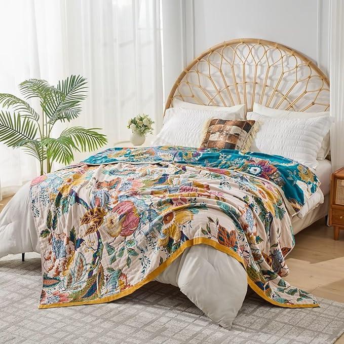 Ultra Soft Lightweight Cotton Quilts,Cozy Summer Boho Throw Blankets,Lightweight Reversible Muslin Blanket Decor Blankets for Armchair Travel, 80