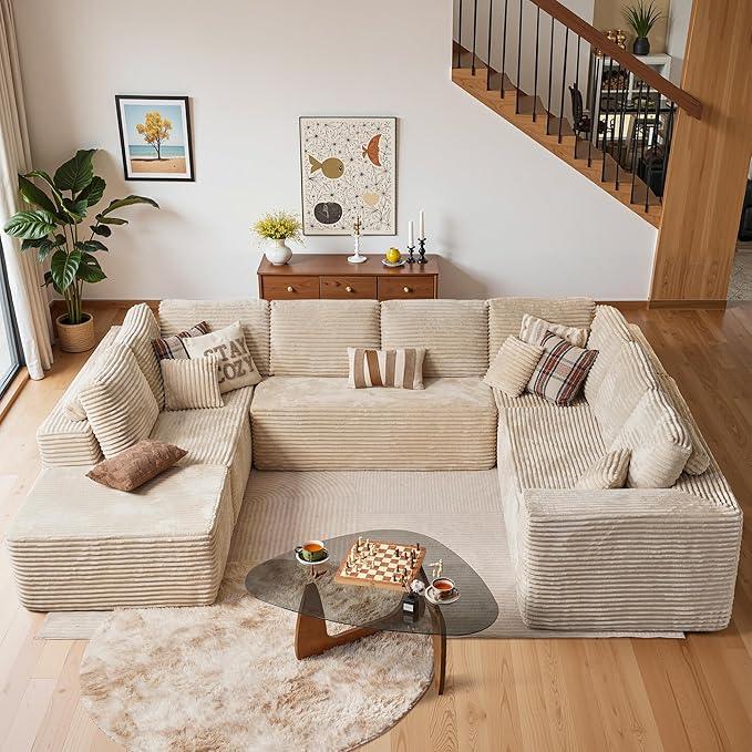 Cloud Sectional Couches for Living Room,U Shaped Modular Sofas No Assembly,135x100 Inches Plush Corduroy Oversized Floor Couch Set with Deep Seat Chaise,Beige