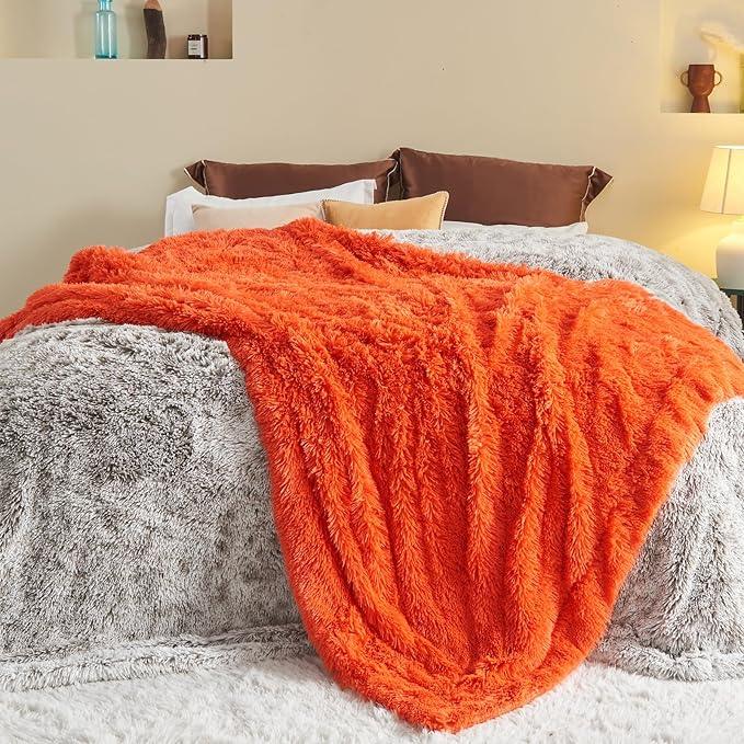 GONAAP Fuzzy Faux Fur Throw Blanket Queen Size Orange Super Soft Cozy Plush Fuzzy Shaggy Blanket for Couch Sofa Bed (Orange, Queen(90