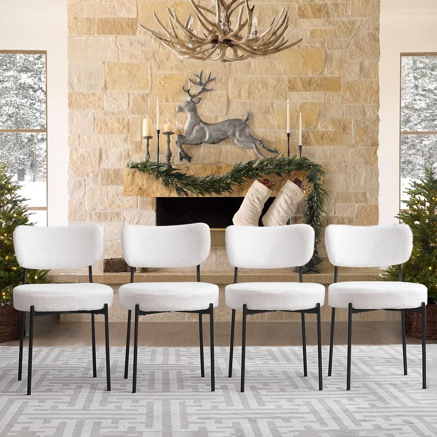 White Boucle Upholstered Dining Chairs With Cushions