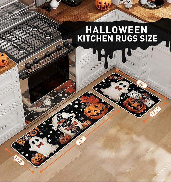 Halloween Kitchen Mat Set of 2, Pumpkin Ghosts Boo Cat Halloween Decor, Halloween Rug for Floor, Indoor Home Decor with Non-Slip Backing,17 x 29 Inch & 17 x 47 Inch