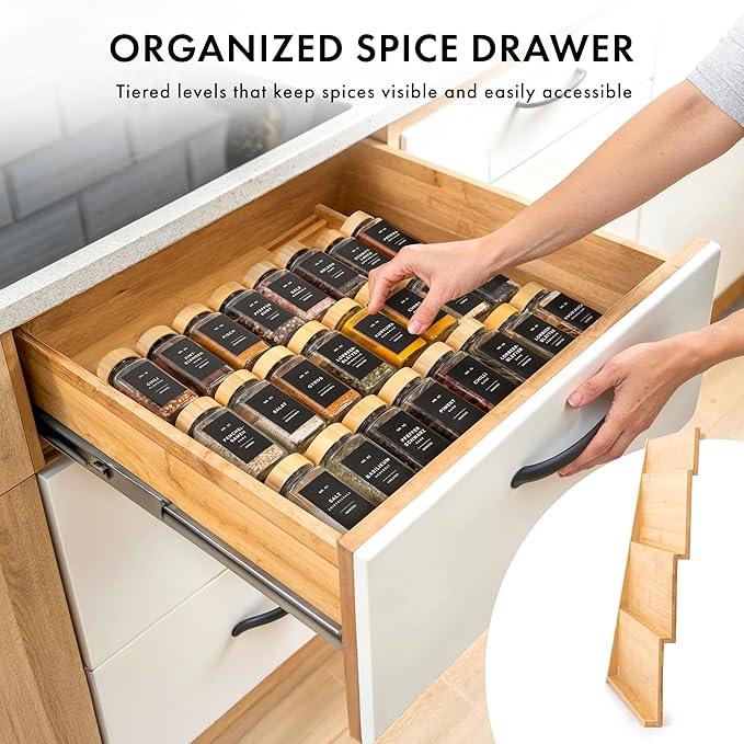 Bamboo Spice Drawer Organizer - Expandable 4 Tier Spice Rack (Need 3