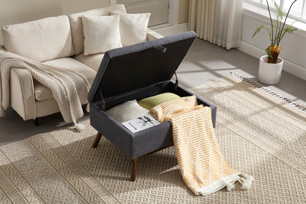 Mid-century modern square coffee table storage bench, assembled, suitable for living room, entryway and family room, used as a coffee table, stirrups, shoe bench