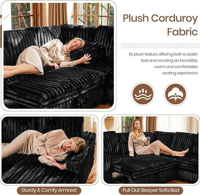 Belffin Modular Sectional Sleeper Sofa with Pull Out Couch Bed Corduroy Double Chaise with Storage Black Couch