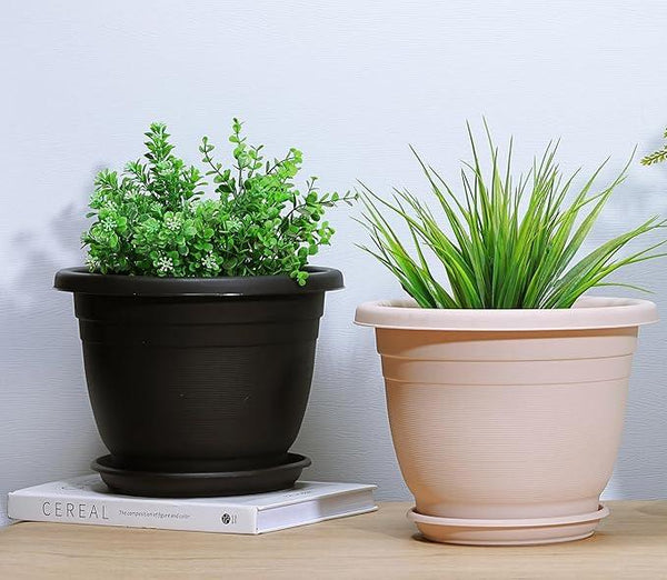 5 Packs 10 inch Plant Pots + Saucer, Planters for Indoor & Outdoor Plants with Drainage Holes | Plastic Flower Pots, Large Planter (Black, 10 inch)
