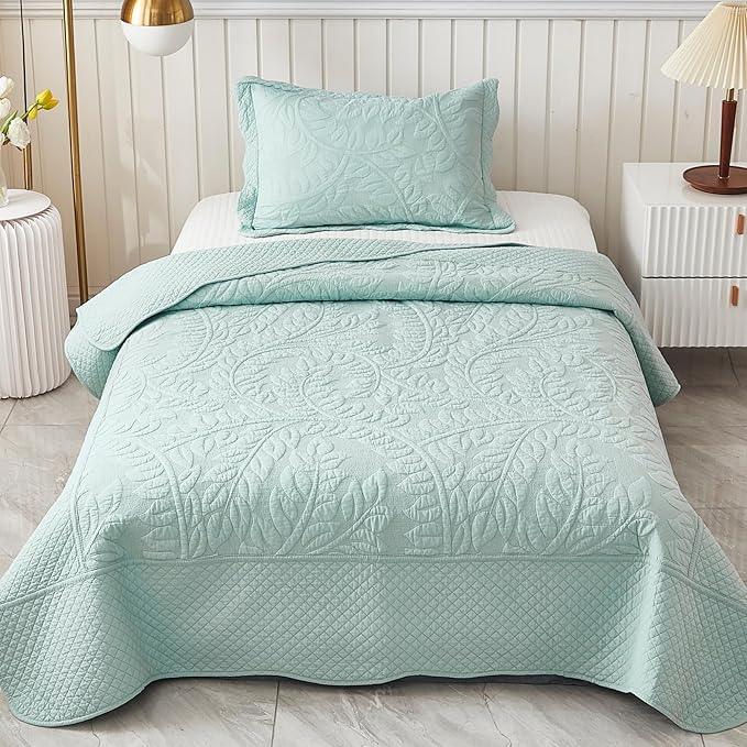 MarCielo 3-Piece 100% Cotton Oversized Bedspread Lightweight Quilt Coverlet Embroidery Farmhouse Bedding Set T0 (Aruba Blue, Twin (68