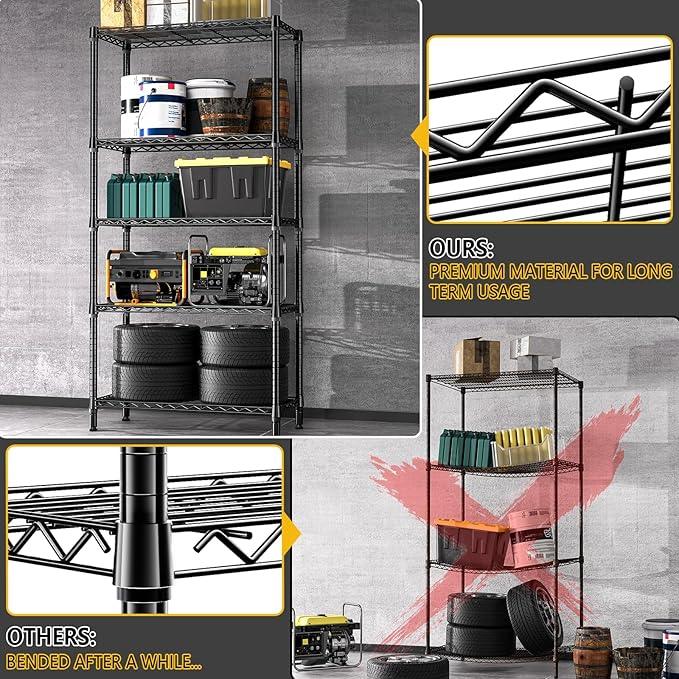 1250 lbs 5 Tier Shelf Metal Storage Shelves Shelving Wire Rack Heavy Duty Closet Organizers for Garage Kitchen Bathroom Laundry Black 13.8