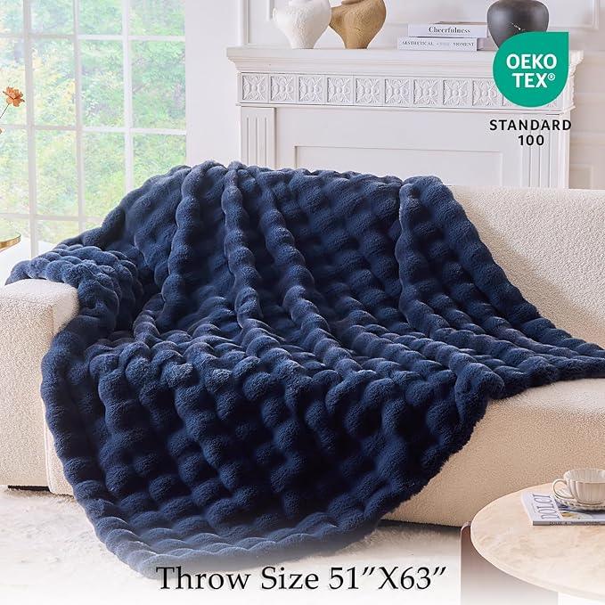 BENVWE Fluffy Faux Fur Throw Blanket for Couch, Soft Plush Thick Cozy Fuzzy Luxury Minky Bubble Blanket for Home Living Room Decor Gift for Women, Navy Blue, 51