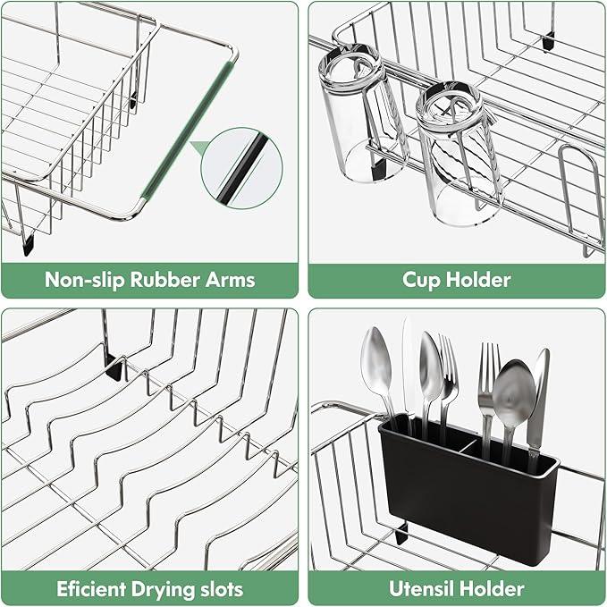 MAJALiS Dish Drying Rack in Sink - Small Dish Drainers for Kitchen Sink, Over The Sink Dish Racks with Utensil Holder, Stainless Steel Dish Rack in Sink, Silver