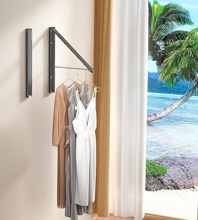 Dr.DJ Clothes Drying Rack Wall Mounted, Retractable & Foldable Clothes Hanger for Laundry Room Organization and Storage, Clothes Hanger Rack for Dorm, Closet, Balcony, Laundry Room(1P, Metal, Black)