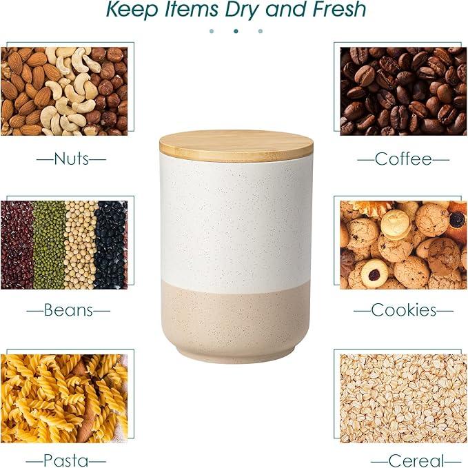 vancasso Sabine Ceramic Canister Set with Airtight Wood Lids - 3-Piece Kitchen Storage for Flour, Sugar, Coffee, Tea & Spices - Modern Countertop Decor