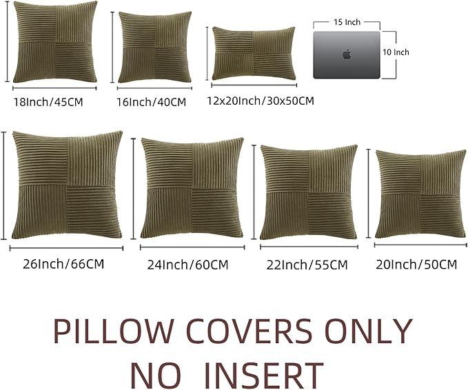 Fancy Homi 2 Packs Olive Green Decorative Throw Pillow Covers 16x16 Inch for Living Room Couch Bed, Rustic Farmhouse Boho Home Decor, Soft Corss Patchwork Corduroy Textured Cushion Case 40x40 cm