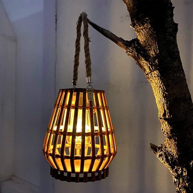 Solar Hanging Lantern Outdoor , Waterproof Natural Bamboo Lanterns with Handle Edison Bulb Design Solar Table Lamp Lights Decoration for Courtyard Patio Garden Farmhouse