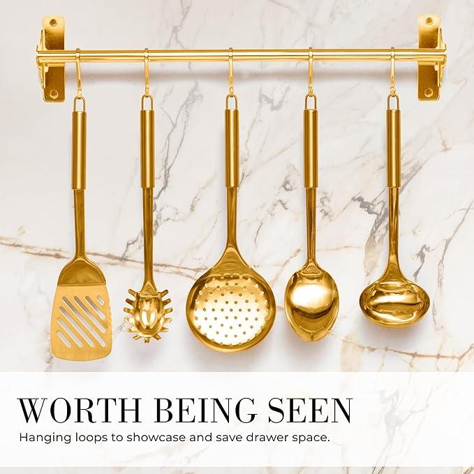 Gold Cooking Utensils with Measuring Cups and Spoons Set - 13-Piece Luxury Gold Kitchen Accessories Includes Metal Measuring Cups and Spoons for Baking, Cooking, and Elegant Kitchen Decor