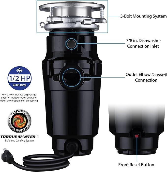 Waste Maid 10-US-WM-158-3B Garbage Disposal Anti-Jam Stainless Steel Food Waste Grinding System, 1/2 HP Standard, Black