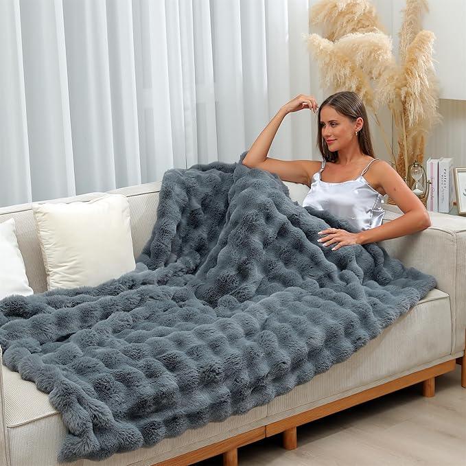 RYNGHIPY Faux Fur Blanket Double-Sided Thick Warm Blanket for Couch Soft Fluffy Furry Blankets for Sofa Chair (Dark Grey, 51''x63'')
