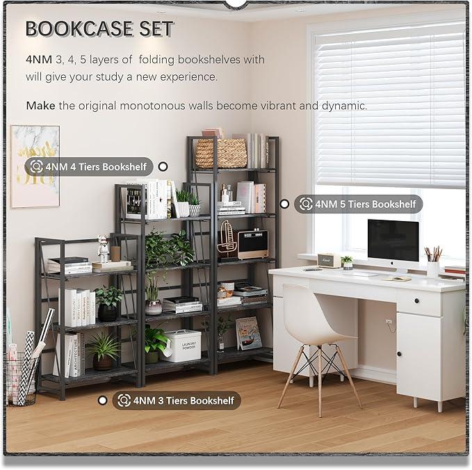 4NM No Assembly Foldable Bookshelf, 5-Shelf Collapsible Bookcase Storage for Small Spaces, 62.2
