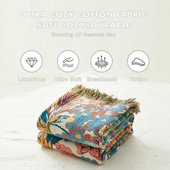 MSGKV Boho Throw Blanket for Couch Bed Chair 100% Cotton Muslin Breathable Vine Embroidery Blanket 50