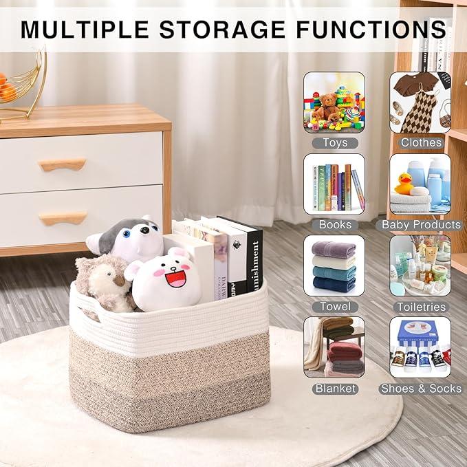 Storage Baskets for Organizing Shelves, Woven Cotton Rope Bins for Baby Nursery Organization, Book Toy Towel Organizer, 15