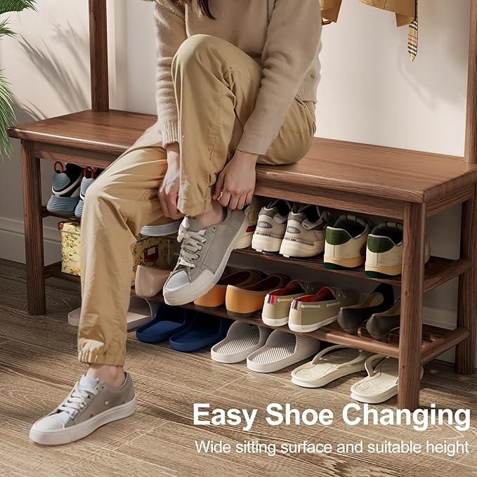 Coat Rack with Shoe Storage, Wooden Hall Tree with Bench, 11 Hooks and 2-Tier Storage Shelves, 3-in-1, Entryway Bench with Coat Rack (39.3