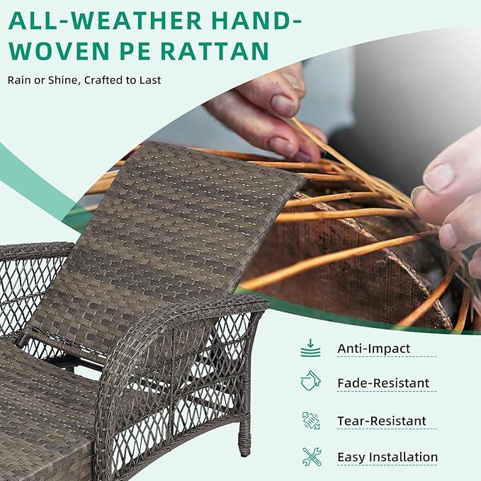 VIVIJASON 3 Pieces Outdoor Wicker Chaise Lounge Chair Set, All-Weather PE Rattan Cushioned Patio Lounger Set of 2 with Side Table, Adjustable Pool Sunbathing Recliner with Armrest & Pillow, Gray
