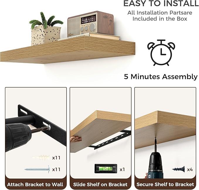 Floating Shelves for Wall, Large Wall Mounted Shelves with Invisible Brackets, Long Wood Floating Shelf for Living Room, Bedroom, Kitchen, Bathroom (Oak, 55