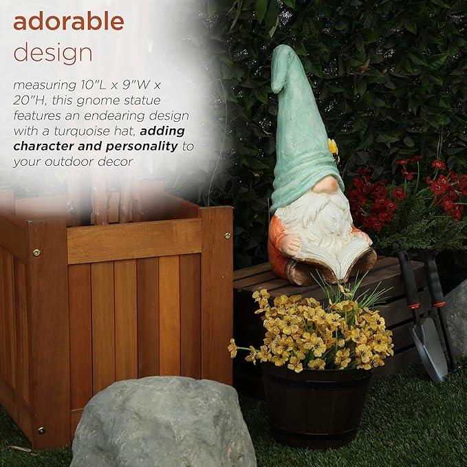 Alpine Corporation MCC844 Indoor/Outdoor Gnome Reading a Book Garden Statue, Charming Gnome Statue with Hat, 20