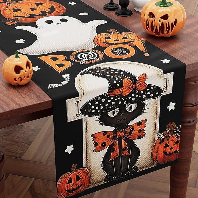 Halloween Table Runner,72 Inches Pumpkin Ghost and Spider Web Pattern Table Runner for Halloween, Table Decoration/Party Dinner Table Decor,Kitchen,Mantel,Bedroom Decoration