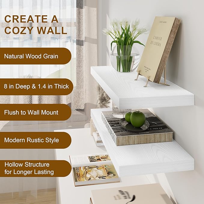 Fun Memories White Floating Shelves 36 Inch Long, 8 Inch Deep Floating Shelf for Wall, 36