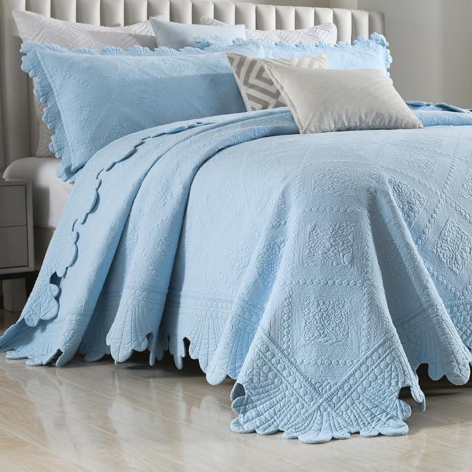 MarCielo 3-Piece 100% Cotton Oversized Bedspread Lightweight Quilt Coverlet Embroidery Farmhouse Bedding Set (TK Light Blue, Oversized King (118