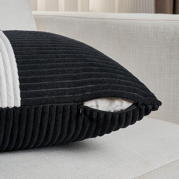 Fancy Homi Set of 2 Black White Lumbar Decorative Throw Pillow Covers 12x20 Inch for Living Room Bedroom Couch Bed Sofa, Soft Striped Corduroy Modern Rectangle Accent Cushion Case 30x50 cm