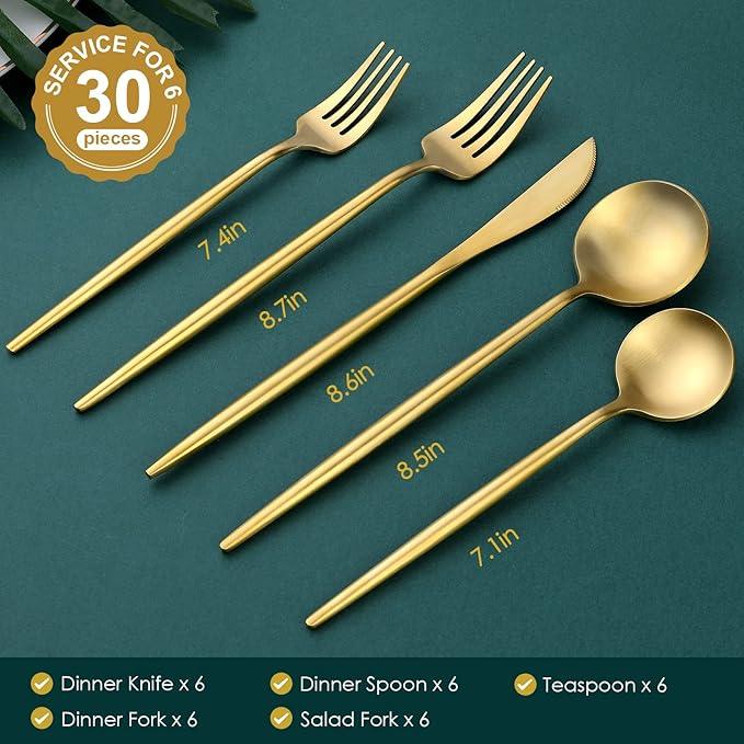 Matte Gold Silverware Set, OGORI 30-Piece Food Grade Stainless Steel Gold Flatware Set, Kitchen Utensil Set Service for 6, Tableware Cutlery Set for Home and Restaurant, Dishwasher Safe - Gift Box
