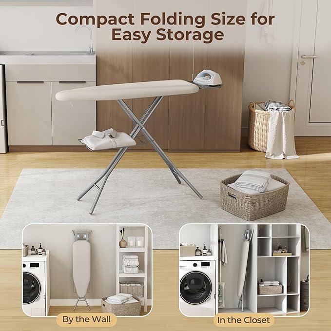 Yaheetech Ironing Board, Compact Iron Board with Cord Holder, Steam Iron Rest and Bottom Storage Tray, 9 Adjustable Heights & 3 Layer Cover, Folding Heavy Duty Ironing Board 52X14, Beige