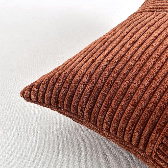 Fancy Homi 2 Packs Rust Lumbar Decorative Throw Pillow Covers 12x20 Inch for Couch Bed Sofa, Rustic Farmhouse Boho Home Decor, Soft Striped Corduroy Rectangle Accent Terracotta Cushion Case 30x50 cm