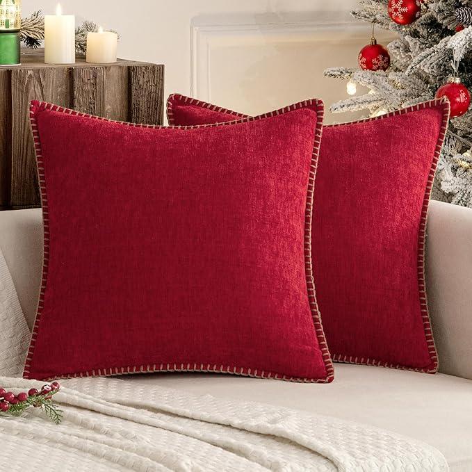 MIULEE Pack of 2 Christmas Pillow Covers 18x18 Inch Red Farmhouse Decorative Throw Pillow Covers with Stitched Edge Soft Chenille Solid Dyed Couch Pillow Covers for Sofa Bed Living Room