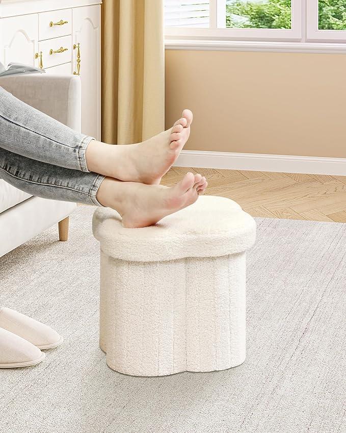 B FSOBEIIALEO Storage Ottoman Cube, Flowers Shaped Ottomans with Storage Foot Stool Footrest for Lving Room, Boucle Ottoman Seat for Dorm Room,Faux Teddy Fur, Cream White 12.6