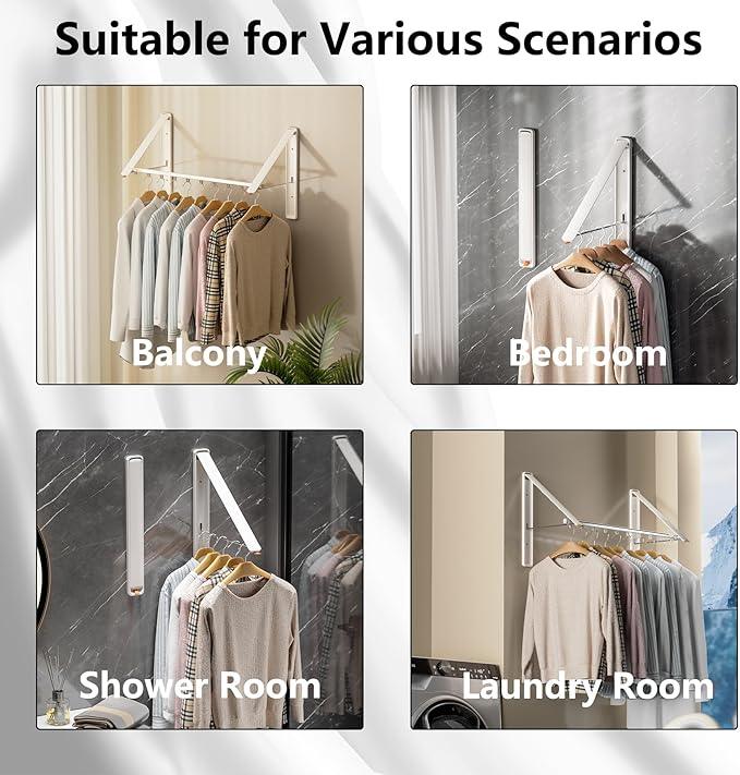 Dr.DJ Clothes Drying Rack with Rod, Wall-Mounted Retractable & Foldable Clothes Hanger for Laundry Room Organization and Storage, Metal Clothes Hanger Rack for Dorm, Closet, Balcony 2Rack,1Rod White