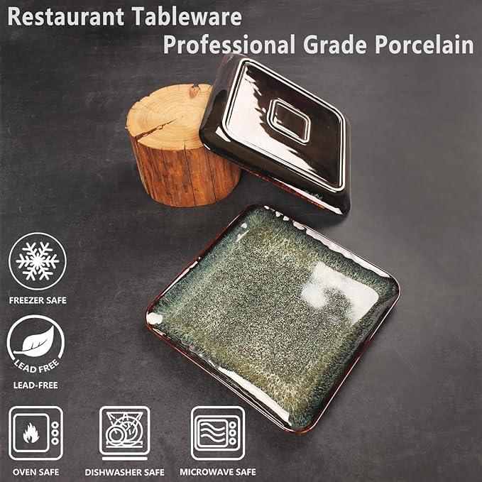 Ceramic Dinner Plates Dish Set, Set of 4, Microwave Oven and Dishwasher Safe, Scratch Resistant, Dinnerware Kitchen Porcelain Serving Dishes 9 inch Square plate
