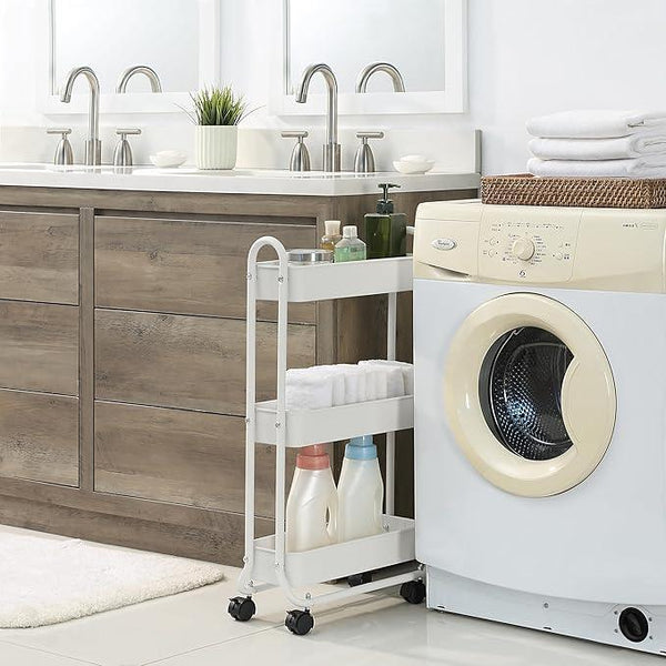 SunnyPoint Slim Rolling Storage Cart, 3 Tier Bathroom Storage Organizer Bathroom, Laundry Utility Cart (White)