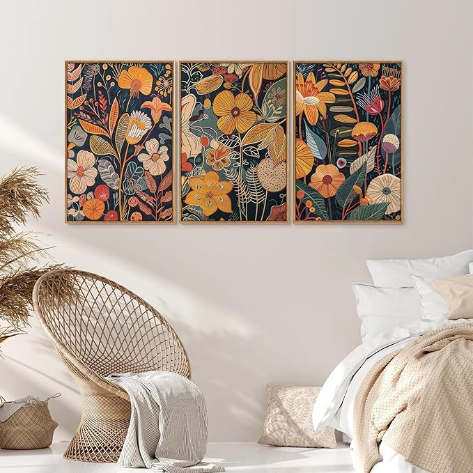 SIGNINART Orange Floral Framed Canvas Wall Art Set of 3, Mid Century Modern Flower Wall Decor, Neutral Plant Artwork, Boho Botanical Art Prints for Bedroom Living Room Office 16